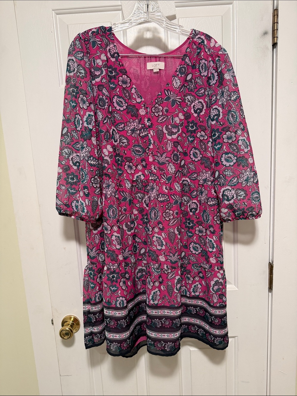 LOFT Fuchsia Floral V-Neck Mini Dress